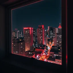 view from window of nighttime city neon lights red neon