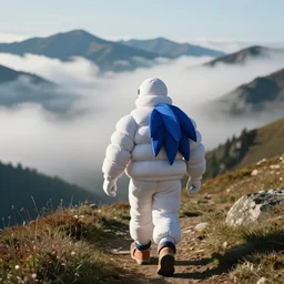 a grandpas wearing sonic michelin man costume wandering trough the mountains looking at the clouds very detailed focused photography cinematic lighting, sun and shadows, taken by martin parr