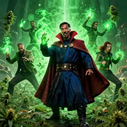snoop dogg as doctor strange, multiple dimensions, green light, marijuana leaves, marijuana, fighting using green magic on a battlefield, trending on artstation, photorealistic image, photorealistic imagery, 4 k, 8 k, movie still, action still