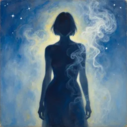 fashion model silhouette smoke, soft blue sun light, white stars, poster art, high detail, intricate oil painting, multiple exposure, by stanley kubrick