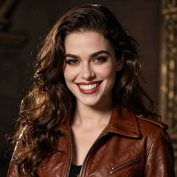 in the style of Rafael Albuquerque, Samara Weaving vampire, sharp teeth grin, sarcastic, brown leather jacket
