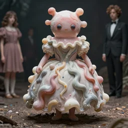 absurdist wiggly blob in a dress, highly detailed, cam de leon & john j. park, cinematic light, beksinski, medium shot, ground angle, uhd 8 k, shallow depth of field