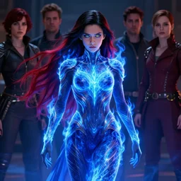 a teenage anime girl wearing a very high intricate detailed dress made out of blue fire , full body, very long black/red hair, one yellow and one blue eye, intense stare, cinematic lighting, medium shot, MCU, trending on artstation, CSP, Photoshop, WLOP, Rossdraws, James Jean, Andrei Riabovitchev, Marc Simonetti, Anastasia Ovchinnikova, Véronique Meignaud, BEN MAIER and Sakimichan