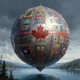 a giant ((((metallic)))) floating sphere covered in canadian colorful aboriginal patterns!! hovering above a Yukon lake, (painted by Ralph McQuarrie), matte painting, very detailed, (((((dramatic perspective))))), concept art