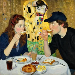 a painting of two people eating breakfast, one is female asa Butterfield mixed with pam beesly, the other is a man with brown hair wearing a baseball cap, by gustav klimt