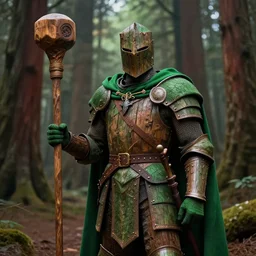full portrait of a green knight, giant wooden club, wooden bark armor, green cloak, in a redwood forest, high fantasy, highly detailed, smooth, matte painting, by midjourney