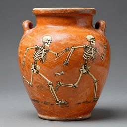 skeletons running,  painted on a jar, roman,  abstract, orange theme, 8k resolution