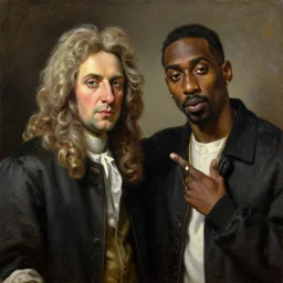 a classical painting of sir isaac newton and tupac shakur, good friends, oil on canvas