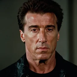 sylvester stallone as the terminator from terminator 2, dramatic film still, close - up, details, sigma 8 5 mm
