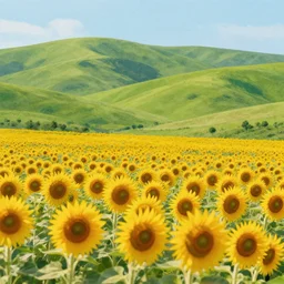 a sunflower meadow, green hills, story book art