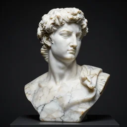 michelangelo matte marble sculpture, dark quartz veins high glossy, vivid studio light, high quality, black sokkel