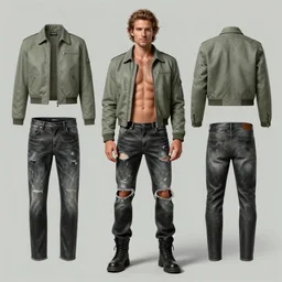 full body portrait halston sage as a tattooed wanderer, wearing scratched and ripped short leather jeans, wearing an aviator jacket, character sheet, fine details, props, concept design, contrast, kim jung gi, greg rutkowski, trending on artstation, 8 k, full body, turnaround, front, back, ultra wide angle