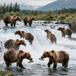 dozens!!! of bears!!! catching salmon on a small waterfall in alaska, detailed, wide angle, 4 k