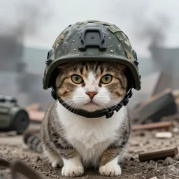 photorealistic photo of a cat wearing a military helmet in a war zone, smoke