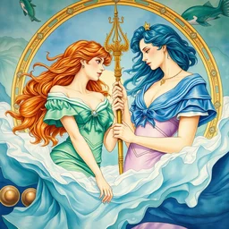a fresco of sailor neptune and sailor uranus. beautiful, realistic painting by mucha and kuvshinov and bilibin. watercolor, thick lining, manga