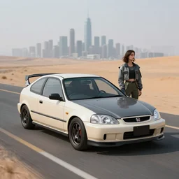 photograph of a cell-shaded Honda EK9 Type-R, a techwear woman standing looking off into the distance, on a desert road with a futuristic city in the horizon, one point perspective, 1-point perspective, tilt shift, sigma 85mm f/1.4, 4k, depth of field, high resolution, 4k, 8k, hd, full color, octane render