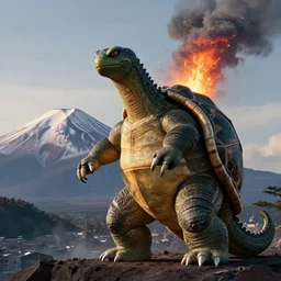 photos of Gamera, the giant Turtle kaiju monster with an erupting Mount Fuji in the background, shot in the style of National Geographic, atmospheric, Japan, hyperreal