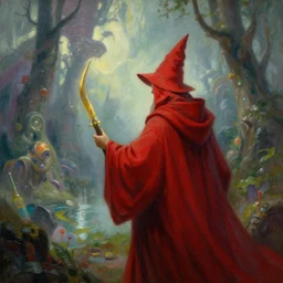 a fantasy painting with a wizard in red robes in the foreground of a surreal environment by greg rutkowski and michael whelan