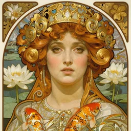 realistic detailed face portrait of a beautiful young queen of water lilies and koi by Alphonse Mucha, Greg Hildebrandt, and Mark Brooks, gilded details, spirals, Neo-Gothic, gothic, Art Nouveau, ornate medieval religious icon