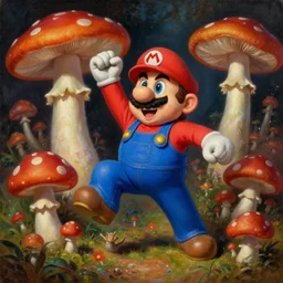 oil painting of super mario as shaman in real life tripping on mushrooms, fine art, psychedlic trip. magic mushrooms, super mario bros, hyper detailed, cinematic lighting,, dark atmoshopere, octane rendered, ultrarealistic, concept art, artstation, high definition, 8 k, art by greg rutkowski, art by cd projekt red, classical oil painting, dutch style painting