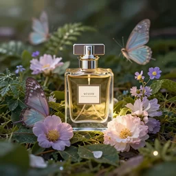 perfume bottle surrounded by artistic fairy magic in a pile of flowers and leaves
