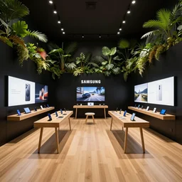 A flagship Samsung store. black walls. timber floor. high ceilings with spots. internal overgrown lush forest plants. modern wood furniture with phones and tablets, large digital screens with videos on the walls. Minimalist, High-tech environment, warm and happy, clean shapes, inviting. Architectural photography, 14mm, High Res 8K. award winning architectural design, inspired by Arne Jacobsen, Niels Otto Møller, Verner Panton, Scandinavian Design