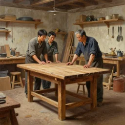 highly detailed oil painting | very intricate | cinematic lighting | award - winning | simple carpenter fine craftsman | building a wooden table in their well organized clean workshop | beautiful cinematic light, american romanticism, by huang guangjian, gil elvgren, ruan jia, randy vargas, greg rutkowski, artstation, cgsociety, official art, octane
