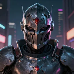 anime portrait illustration of a cyber knight in an intricate helmet, hiphop urban inspired, symmetrical proportions, symmetrical perfect facial features, cinematic lighting, hd, 3 2 k, octane, unreal engine, in the style of go teen titans and disney's pixar, by denys cowan and dwayne mcduffie