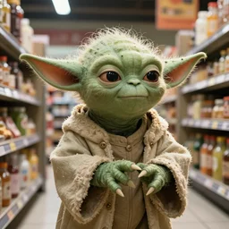 CCTV footage of Yoda stealing king from a supermarket, trending on art station