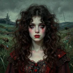 a beautiful but sinister girl in layers of fear, with haunted eyes and curly hair, eerie moorlands behind her, 1 9 7 0 s, seventies, delicate embellishments, a little blood, crimson, painterly, offset printing technique, by alexandre cabanel