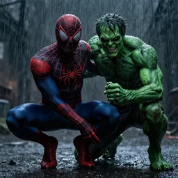spider - man getting killed by green goblin, dark, gothic, atmosphere, heavy rain fall, photorealism