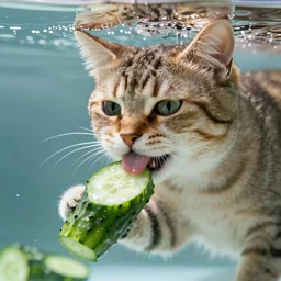 A cat licking a cucumber underwater, award-winning photograph, detailed