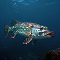 pike fish with glowing head, neural cybernetic interface, glowing veins subsurface scattering, deep sea underwater photography, by gerald brom, by mikhail vrubel, by peter elson, muted colors, extreme detail, trending on artstation, 8 k