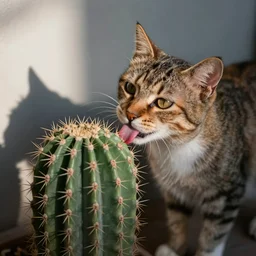 A real photograph of a cat licking a cactus