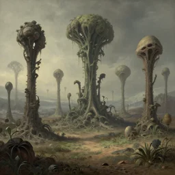 beautiful rendering of extraterrestrial landscape with distorted alien plants, karol bak, moebius, martin johnson heade, unreal engine, matte painting, high detailed, 4 k, trending on artstation
