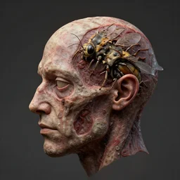 human head mutation into an insect head, half - profile shot, meaty, photoreal, unreal engine, intricate detailed, by zdzisław beksinski