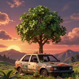 low angle shot of tree growing inside scrap car in the foreground. overgrown. soft golden red sunset over the mountains in the background. clouds. detailed leaves, the style of 1 9 9 0's cg graphics against the cloudy night sky, lsd dream emulator psx, 3 d rendered y 2 k aesthetic by ichiro tanida, 3 do magazine, wide shot