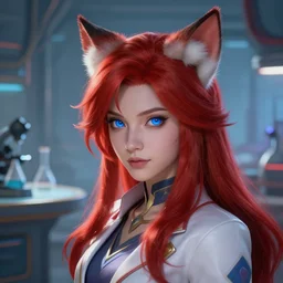 league of legends concept art beautiful young female scientist with neko ears, long crimson hair, blue eyes, futuristic laboratory background interior, table with laboratory equipment, art by charles liu, head close - up shot, fantasy style, soft lighting, vibrant color scheme, female portrait, ultra detailed, volumetric lighting, octane render, commission art, 8 k wallpaper