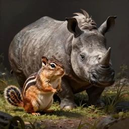 A chipmunk with scales standing next to a rino with feathers. Detailed digital matte painting in the style of simon stalenhag