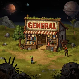 in front of a [ [ [ general store ] ] ] in a remote outpost, on an alien planet, from a space themed point and click 2 d graphic adventure game, set design inspired slightly by hg giger and tomb raider, art inspired by [ [ thomas kinkade ] ] and mark keathley