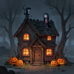 de nuit, petite maison en bois sinistre, des sorcieres avec un feu, des citrouilles, kawaii, atey ghailan & atey ghailan, tendance sur artstation