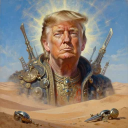 portrait oil painting, perfect expression, subconscious connects, purified consciousness, foundation, great maga king donald j trump, fantasy character portrait, ultra realistic, wide angle, intricate details, dune, mass effect, artifacts, luminous skies, highly detailed, michael cheval, peter mohrbacher, boris vallejo, jessica rossier, oil painting, highly detailed, cinematic lighting, unreal, natural tpose