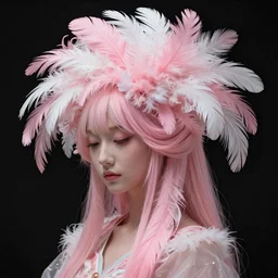 stunning japanese godess princess, detailed pink and white million of feathers head peace against a black backdrop by ivan aivazovsky, 3 / 4 view portrait, wlop, super sharp details, photorealism, canon 5 d, 5 0 mm lens, stunning photoshot, beautiful soft lighting, muted colours, artstation