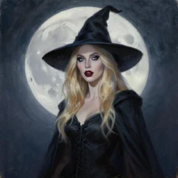 portrait of beautiful blonde woman as a Dark evil witch, big moon in the background, oil painting by very bad amateur artist