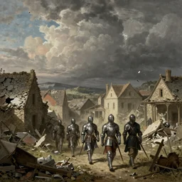 A war torn town with a group of knights walking through it, realism, incredible detail, cloudy, desolation, medieval, fantasy, Canaletto