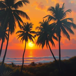 surreal oil painting of a sri lankan landscape at sunset, coconut trees in the foreground, ocean sunset in the background, volumetric lighting, volumetric shadows, realistic oil painting by gustave dore, - h 6 4 0,