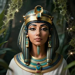 Hyper realistic and detailed portrait photography of a Egyptian queen with adorned crown and fractal plants all around. detailed. depth of field. Rembrandt light. moody. lens flare. kodak portra.