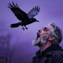 crow flying out of old man's mouth gothic shades of purple