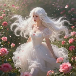a princess with long white hair in a field of roses with flying petals, concept art, digital painting, trending on artstation, deviantart, epic composition, extremely detailed, volumetric lighting, masterpiece, octane render