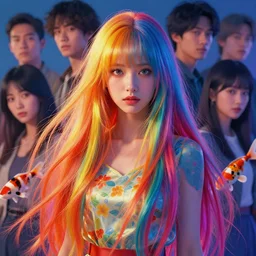 epic portrait, girl with very long hair, vibrant colors, ( ( ( koi colors ) ) ), octane render, jesper ejsing, james jean, justin gerard, tomasz alen kopera, cgsociety, fenghua zhong, makoto shinkai, highly detailed, rim light, art, cinematic lighting, very coherent, hyper realism, 8 k